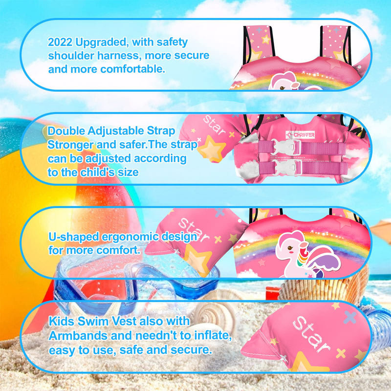 Chriffer Kids Swim Vest Life Jacket for 22-66 Pounds Boys and Girls, Toddler Floaties with Shoulder Harness Arm Wings for 3,4,5,6,7 Years Old Baby Children Sea Beach Pool A-Rainbow Horse - BeesActive Australia