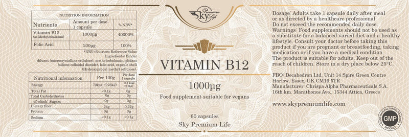 Sky Premium Life Vitamin B12 Food Supplement - 60 Capsules Vitamin B12 1000?g and Folic Acid - Vegan Friendly 60 Count (Pack of 1) - BeesActive Australia