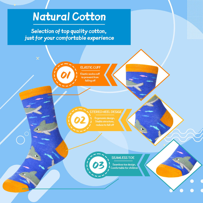 Kids Boy Socks Cartoon Cotton Novelty Funny Child Sport School Daily Seamless Crew Socks for Teenage Boys 6 Pairs Shark 6-8 Years - BeesActive Australia