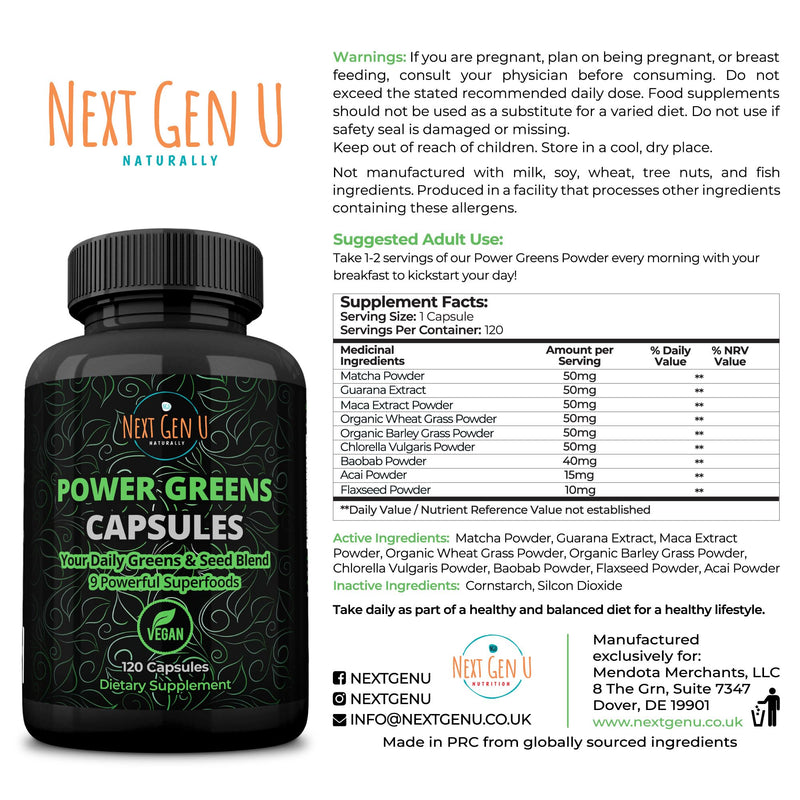 NGU Super Greens Immune System Support 500 mg 120 Vegan Capsules Contains Mixed Superfoods for Daily Booster Healthy Keto Blend w/ Acai, Wheatgrass, Guarana, Chlorella, Flaxseed, Matcha, Maca - BeesActive Australia
