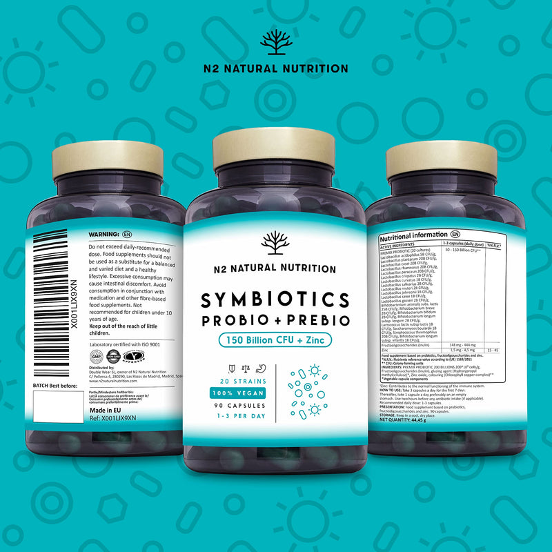 Probiotics 150 Billion CFU - 20 Strains with Prebiotics & Zinc. Highest Concentration. Probiotics for Gut Health and IBS Relief. 76 Days Intensive Treatment. EU. N2 Natural Nutrition 150 Billion CFU (90 capsules) - BeesActive Australia