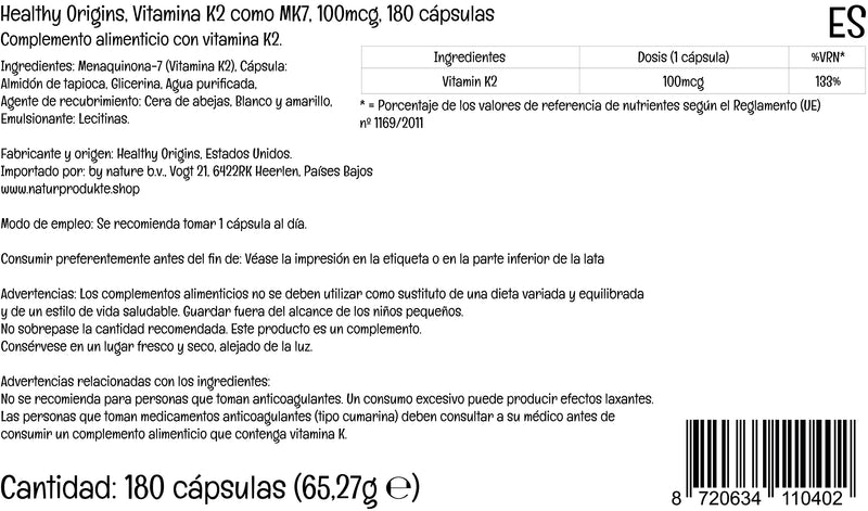 Healthy Origins, Vitamin K2 as MK-7, 100 mcg, 180 Vegetarian Softgels, Laboratory Tested, High Strength, Gluten Free, SOYA Free, Non-GMO - BeesActive Australia