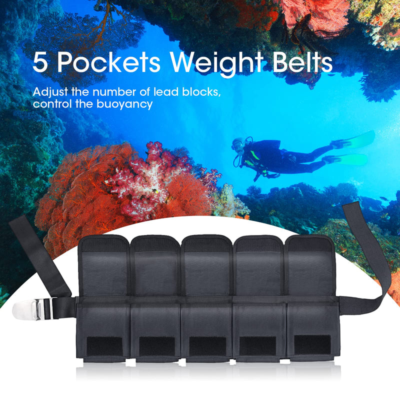 Scuba Weight Belt with 5 Pockets, Quick-Release Buckle Diving Pocket Weight Belt Adjustable Snorkeling Webbing Weight Pouch Belt fit for Waist 32" to 52" - BeesActive Australia