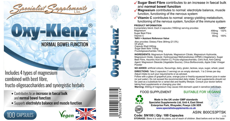 Specialist Supplements Oxy-Klenz Healthy Bowel Function 100 Capsules - BeesActive Australia
