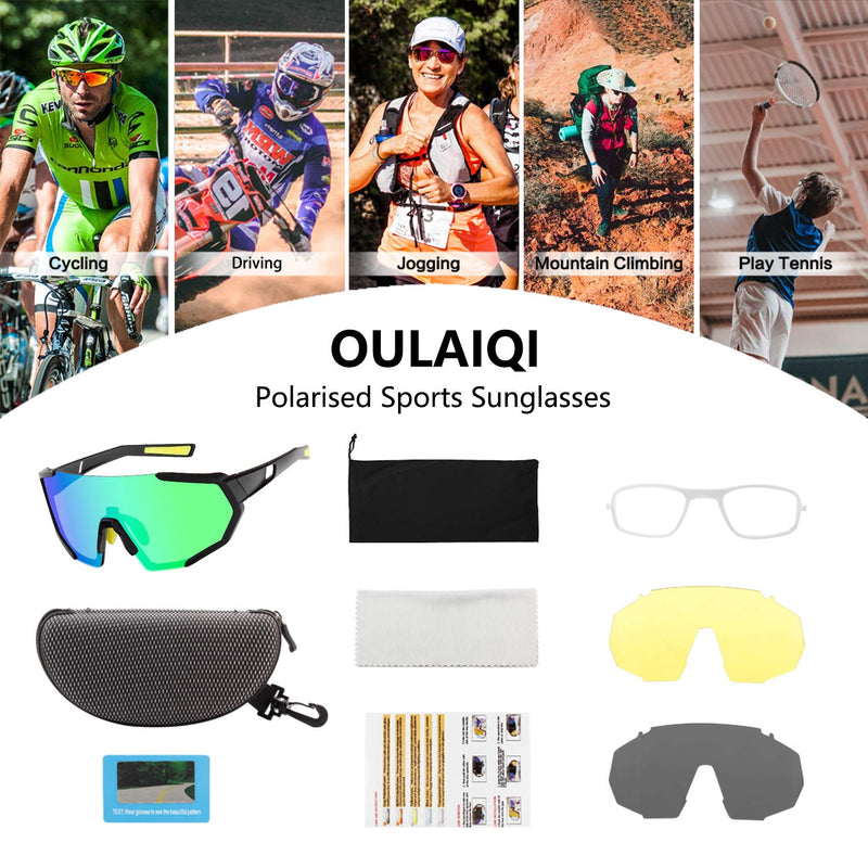 OULAIQI Sports Sunglasses Polarized Cycling Sunglasses with 3 Interchangeable Lenses for Man Women for Cycling Driving Black&green - BeesActive Australia