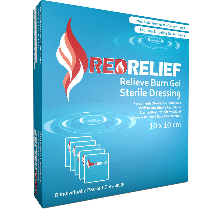 Pack of 5 RedRelief Emergency 10x10cm Burn Dressing - cools, soothes and relieves pain 5 Count (Pack of 1) - BeesActive Australia