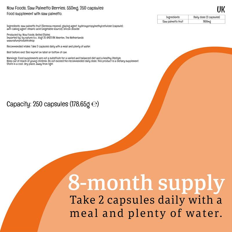 Now Foods, Saw Palmetto Berries, 550mg, 250 Vegan Capsules, Lab-Tested, Vegetarian, Gluten Free, SOYA Free, Vegetarian - BeesActive Australia