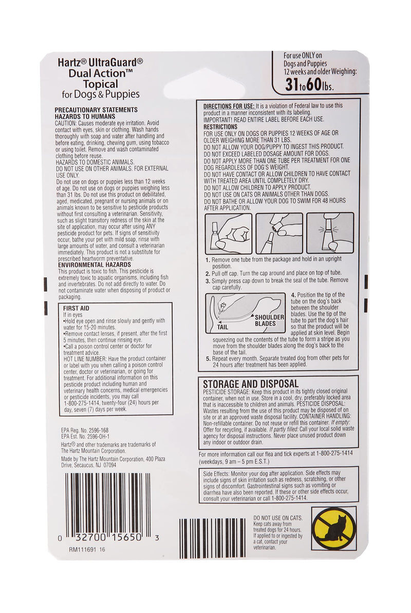 Hartz UltraGuard Dual Action Flea & Tick Topical Dog Treatment and Flea and Tick Prevention, 6 Months,31-60 Pound Dogs - BeesActive Australia
