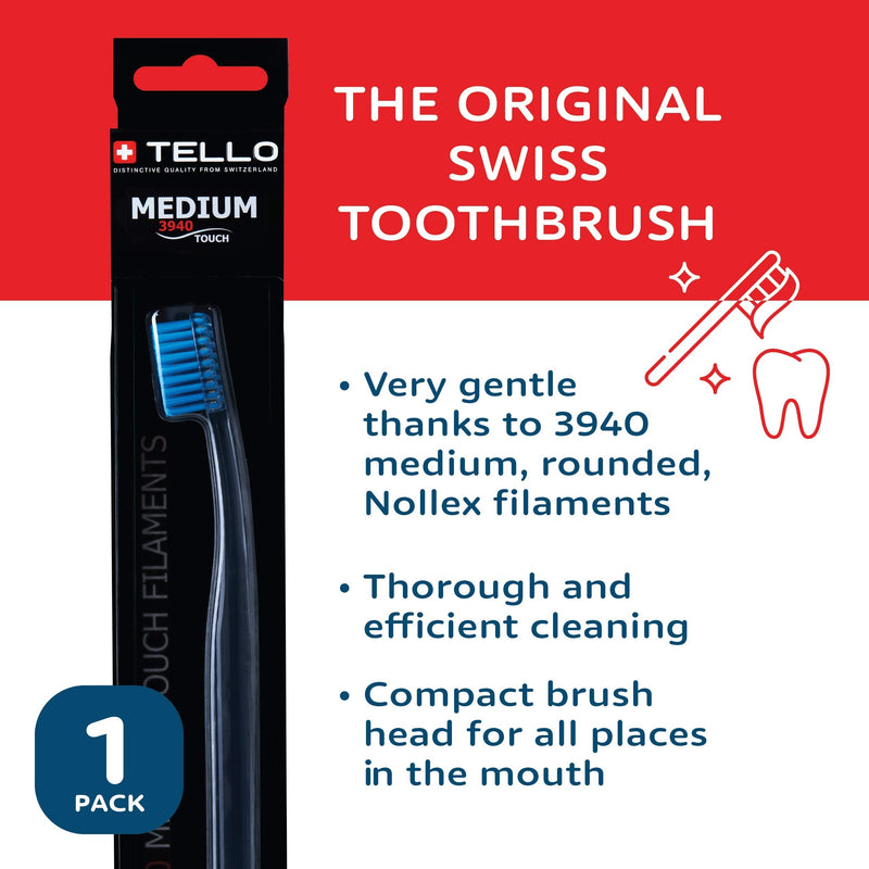 TELLO 3940 Adult Medium Swiss Toothbrush for Gentle Cleaning with Ergonomic Handle, 1 Count 1 Count (Pack of 1) - BeesActive Australia