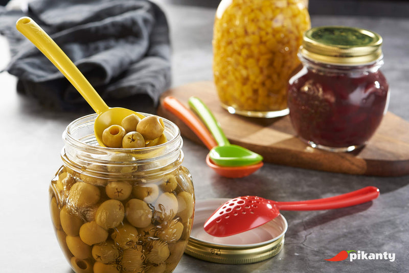 Pikanty Small Slotted Spoon - for straining oils and juices, reaching into small jars, and serving all kinds of food. 4 Colors - BeesActive Australia