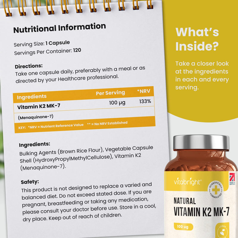 Vitamin K2 MK-7 - Optimal Strength 100mcg - from Natto - Sourced from Plant-Based Natural Ingredients - 120 Easy to Swallow Vegan Capsules (Not Tablets) - Menaquinone-7 - Made in UK by VitaBright - BeesActive Australia