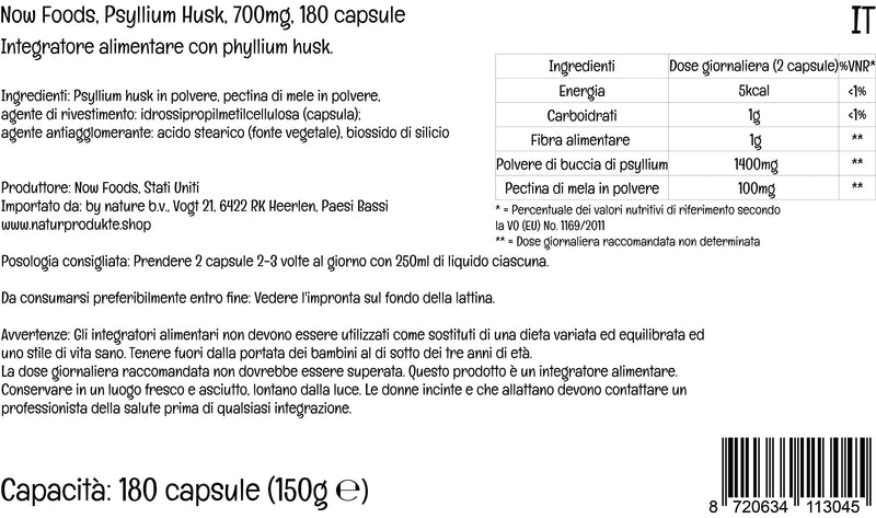 Now Foods, Psyllium Husk, 700mg, with Apple Pectin, Dietary Fibre, 180 Vegan Capsules, Lab-Tested, Gluten Free, SOYA Free, Vegetarian, Non-GMO - BeesActive Australia