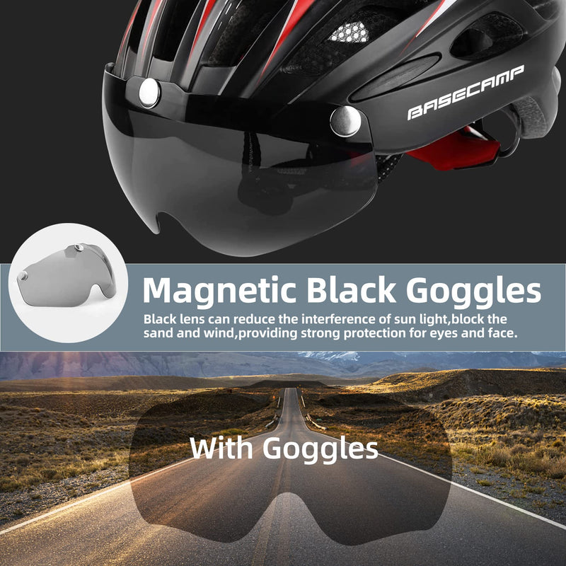 Bike Helmet, Basecamp Bicycle Helmet with Rear Light & Detachable Magnetic Goggles & Portable Backpack Lightweight Cycling Helmet Adjustable for Adult Men Women Mountain & Road (BC-069) BlackRedWhite - BeesActive Australia