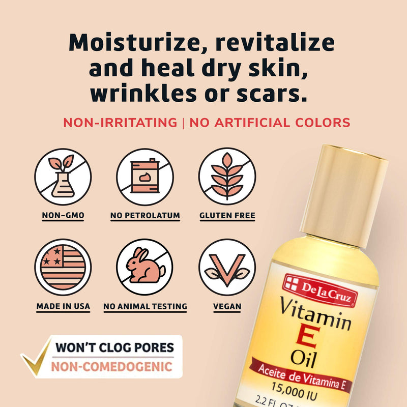De La Cruz Vitamin E Oil for Skin, Face and Body 15,000 IU - No Preservatives, Artificial Colors or Fragrances, Made in USA 2.2 FL. OZ. - 2 Bottles 2.2 Fl Oz (Pack of 2) - BeesActive Australia