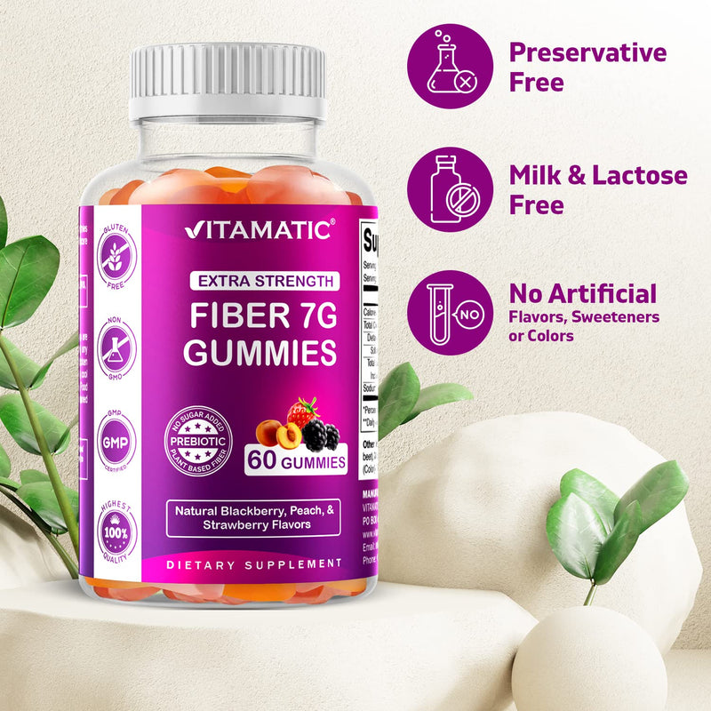 Vitamatic Prebiotic Fiber Gummies for Adults - 7G Fiber Extra Strength - Zero Sugar Added - 60 Pectin Based Gummies - Digestive Health & Regularity Support 60 Count (Pack of 1) - BeesActive Australia