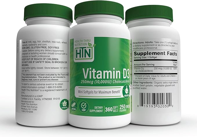 Health Thru Nutrition Vitamin D3 10,000Iu Non-GMO Mini Soft Gels 360 Count - BeesActive Australia