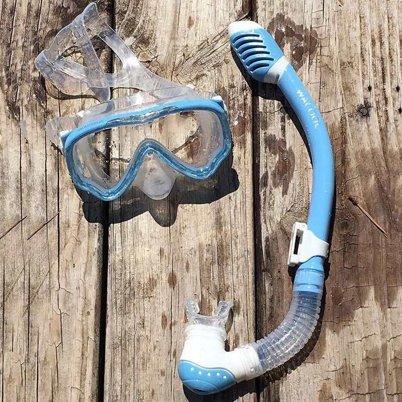 [AUSTRALIA] - WACOOL Snorkeling Snorkel Package Set for Kids Youth Junior, Anti-Fog Coated Glass Diving Mask, Snorkel with Silicon Mouth Piece,Purge Valve and Anti-Splash Guard. SkyBlue 