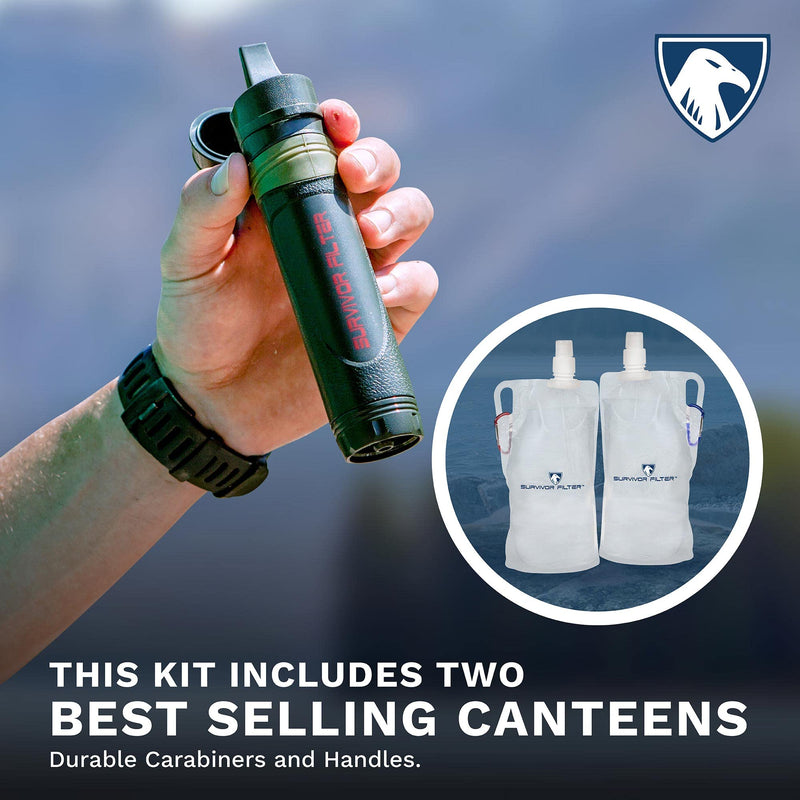 Survivor Filter Squeeze Water Filter Kit  Includes Personal Water Filter Straw & 2 Collapsible Water Bottle Canteens - BeesActive Australia