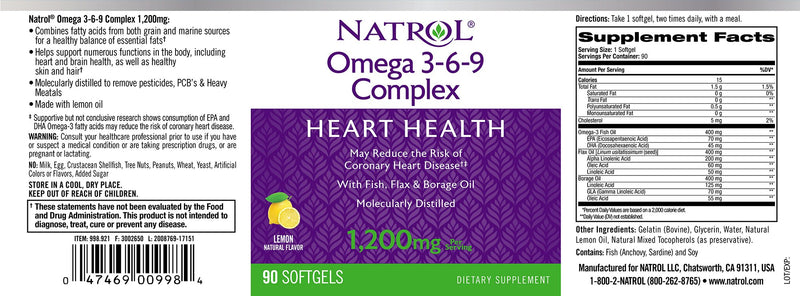 Natrol Omega 3-6-9 Complex Softgels, 1,200mg, 90 Count 90 Count (Pack of 1) 90 SGel - BeesActive Australia