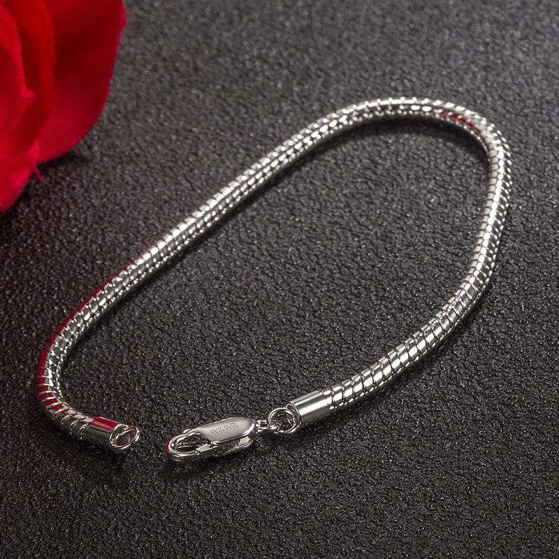 H&Beautimer Genuine 925 Sterling Silver Bracelet Solid 3-4MM Round Snake Chain Bracelet for Men - Glamour Party Jewelry - Sterling Silver Link Bracelet 6.3-6.7-7-7.5-8-8.5-9-9.5'' 3MM Width 9 Inches - BeesActive Australia