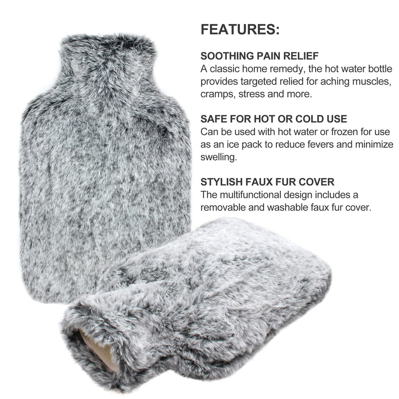 OWOZOI Fluffy Hot Water Bottle, Soft Furry Cover with Hand Pocket, 2L Large Capacity, Hot Water Bag for Pain Relief, Period Cramps, Back, Shoulder, Neck, Arthritis, Bed Warmer(Silver Grey) Silver Gray - BeesActive Australia