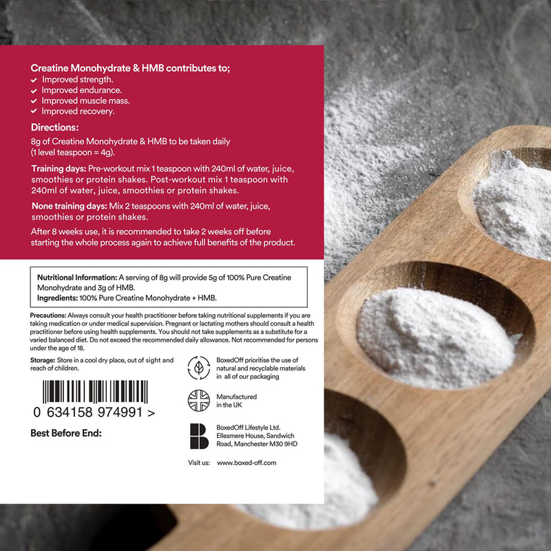 Boxed Off Micronised Creatine Monohydrate and HMB, Unflavoured, Vegan Food Supplement, Scientifically Proven to Increase Muscle Mass, Strength and Aid Recovery - Powder 240g (60 Servings) - BeesActive Australia