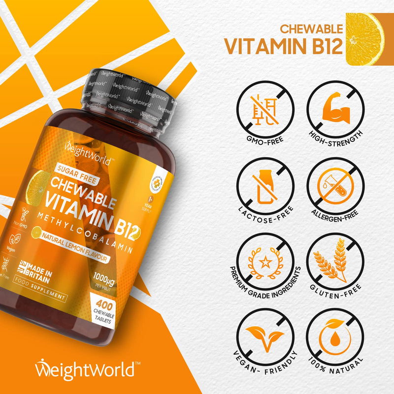 Vitamin B12 High Strength 1000mcg - 1+ Year Supply (400 Chewable & Vegan Vitamin B12 Tablets) - Sugar Free methylcobalamin b12 VIT B12 Supplement for Energy - Lemon Flavour - Made in The UK - BeesActive Australia