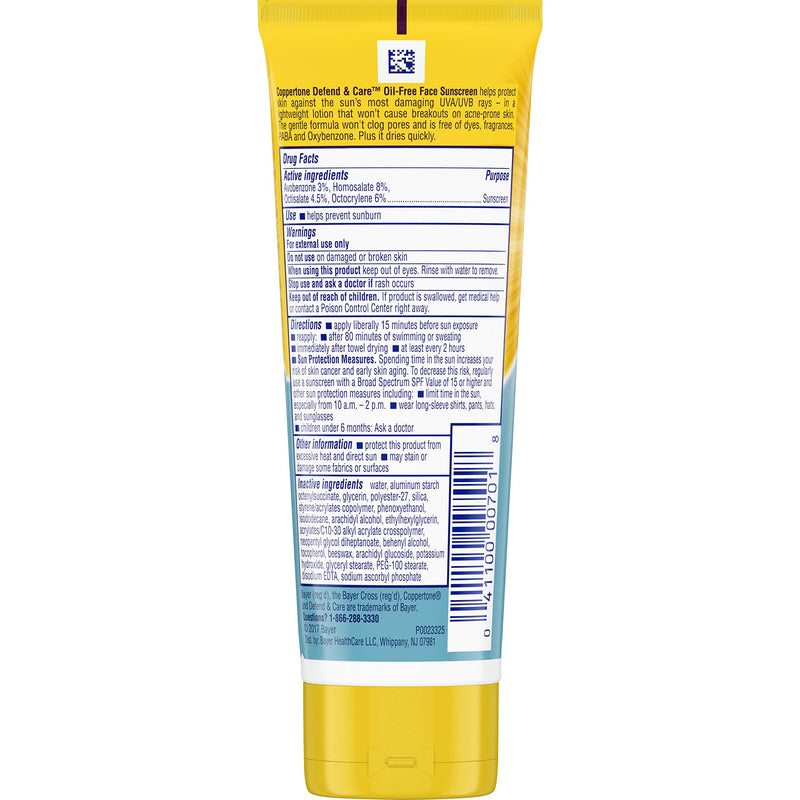 Coppertone Defend & Care Oil Free Sunscreen Face Lotion Broad Spectrum SPF 30 (3 Fluid Ounce) (Packaging may vary) - BeesActive Australia