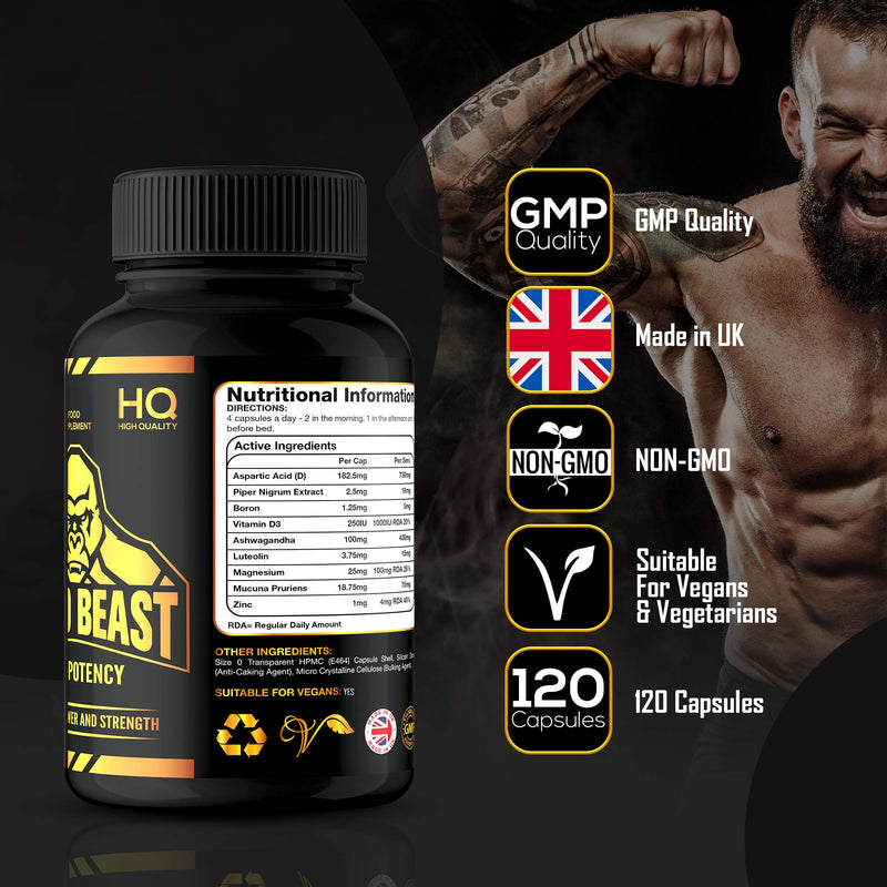 Test Booster for Men | 120 Capsules | Magnesium, Zinc and Vitamin D | Vegan | Made in The UK | GMP Approved | New Formula | Beast and Bulk Nutrition - BeesActive Australia