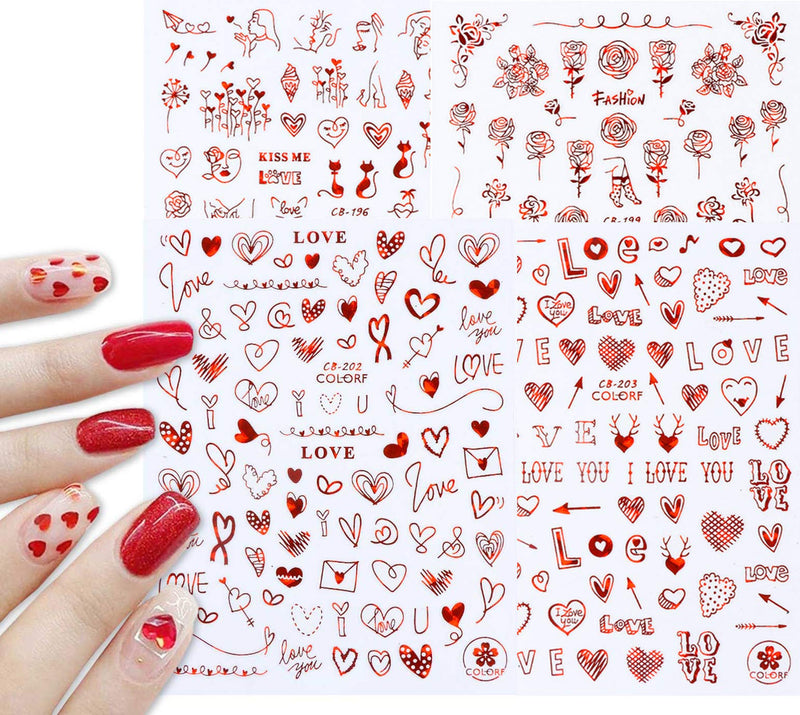 8 Sheets 3D Romantic Valentine's Day Nail Stickers Black Red Self Adhesive Love Heart Letter Rose Vine Abstract Face Images Cat Animal Nail Decal For Women Girl Nail Slider Art Decorations - BeesActive Australia