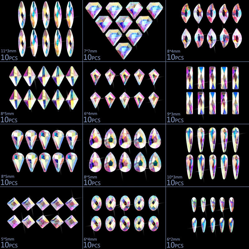 Glass Crystal AB Rhinestones for Nail Art, KISSBUTY 120 Pcs Holographic Nail Crystals and 1440 Pcs Nail Art Rhinestone Multi Shapes Flat Back 3D Nail Diamonds Stones Gems with 2 Pcs Picking Up Tools - BeesActive Australia