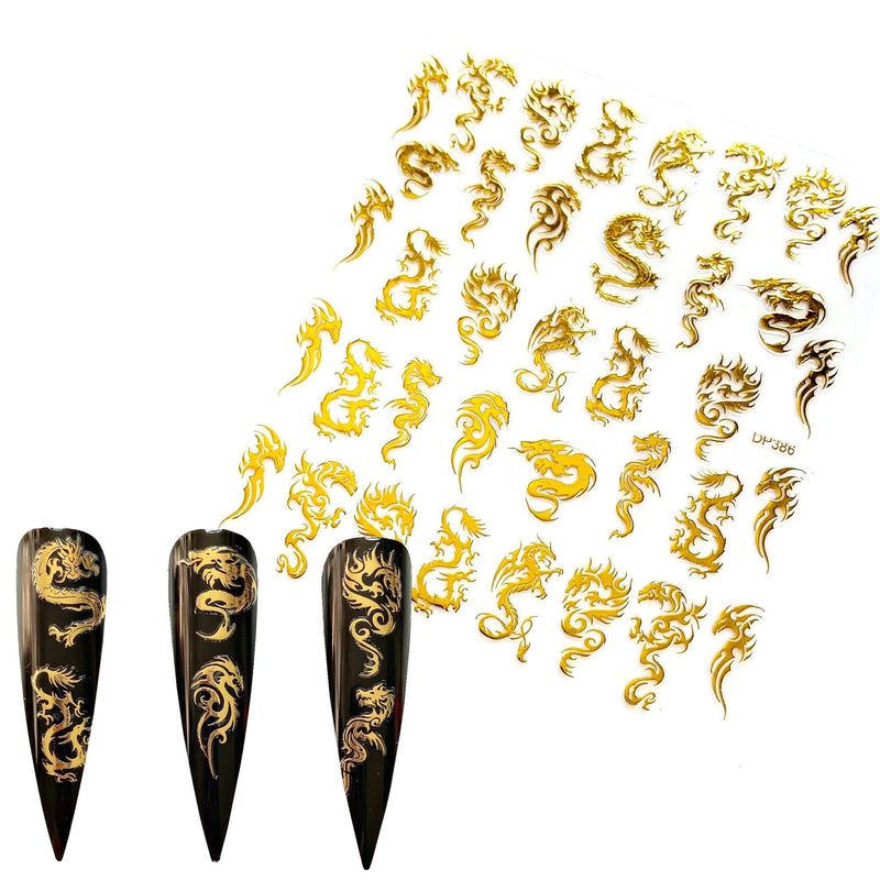 NAIL ANGEL 12Sheets Nail Art Adhesive Sticker Sheets Gold and Rainbow Color Dragon Peacock Phoenix Shapes Nail Art Decoration 10257 - BeesActive Australia