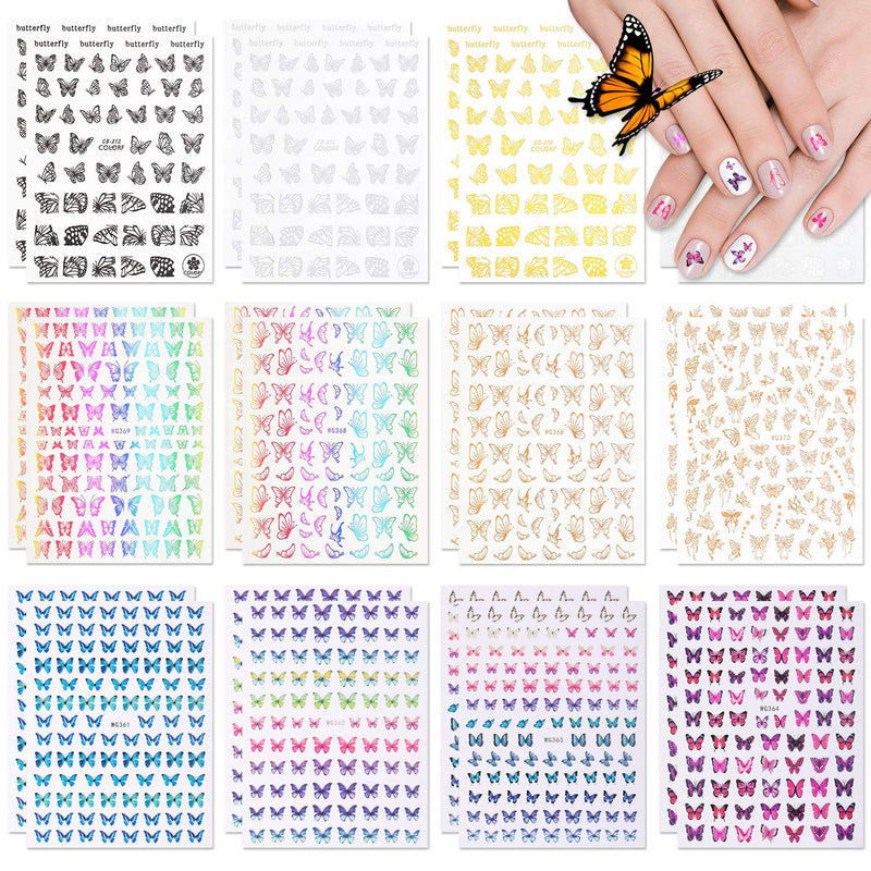 24 Sheets 3D Butterfly Nail Art Stickers Adhesive Flowers Butterfly Nail Stickers Colorful Butterfly Nail Decals for Women Girls Nail DIY Decoration, About 2400 Pieces (Laser Butterfly Series) Laser Butterfly Series - BeesActive Australia