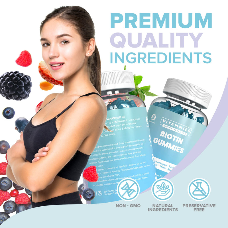 Vitammies Biotin Gummies 5000mcg for Hair, Skin, and Nails | Multivitamin for Women with Biotin, Keratin & Fish Collagen | Non Vegan | Anti-Aging | Gluten-Free | Plant-Based (60 Gummies) - BeesActive Australia