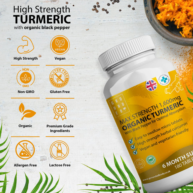 Pure Turmeric Tablets 1,600mg with Organic Black Pepper Extract | 6 Month Supply, 180 Tablets | High Strength Herbal Curcumin Complex Supplement | Natural Anti Inflammatory & Antioxidants | Vegan, UK - BeesActive Australia