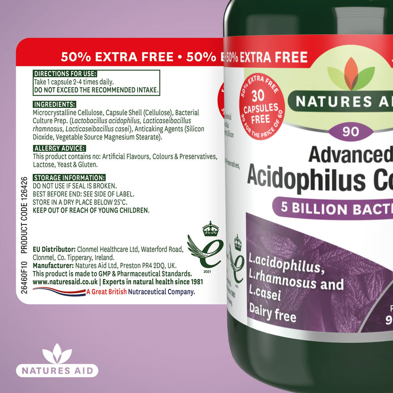 Natures Aid Acidophilus Complex, 5 Billion Bacteria, 90 Capsules (Lactobacillus Acidophilus, Lactobacillus Rhamnosus, Lactobacillus Casei, Good Bacteria, Shelf Stable, Vegan Society Approved) - BeesActive Australia