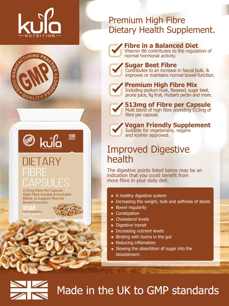 High Fibre Supplement (1026mg per Serving) - 100 Vegan Capsules - Soluble and Insoluble Dietary Fibre Complex - Psyllium Husk Powder, Flaxseed - Fibre Supports Daily Bowel Movements - Kula Nutrition - BeesActive Australia