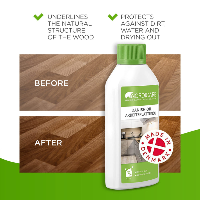 Danish Oil for Wood by Nordicare - Danish Oil Underlines The Natural Structure of The Wood (Oak, Cherry, Pine and More) - Wood Oil for Wooden Worktops - Made in Denmark (500ml) 500 ml - BeesActive Australia