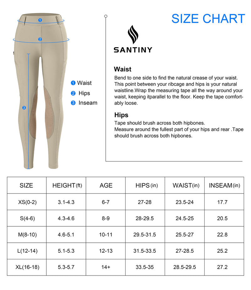 SANTINY Girls Horse Riding Pants with Zipper Pockets Kids Stretchy Equestrian Breeches Knee-Patch Youth Schooling Tights White Medium - BeesActive Australia