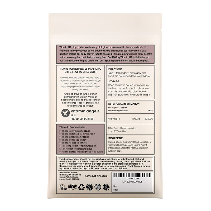 Vitamin B12 Tablets 1000mcg - Vegan Society Approved - Methylcobalamin B12 Vitamin - UK Made by Innopure - BeesActive Australia