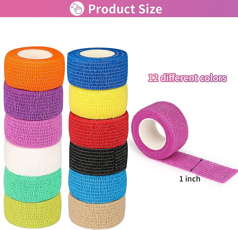Lenicany 12Pack 1” x 5 Yards Self Adhesive Bandage Wrap, Elastic Self Breathable Self Adherent Wrap for Pets, Athletic Cohesive Bandage for First Aid, Sports Injury & Protection, 12Color 1” x 5 Yards (12-Pack) - BeesActive Australia