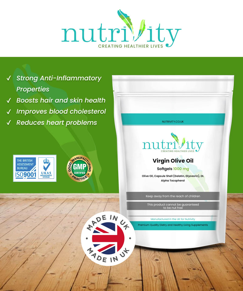Virgin Olive Oil High Strength 1000mg Soft Gels Omega 3 6 for Health Heart by Nutrivity � UK Manufactured to GMP Standards (240) - BeesActive Australia