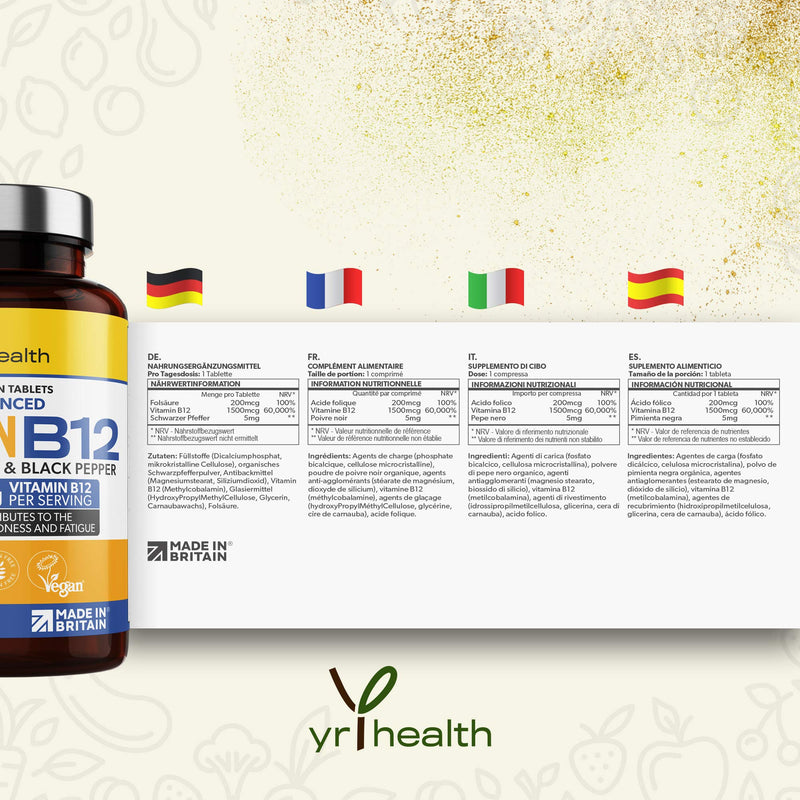 Vegan Vitamin B12 Tablets 1500mcg Methylcobalamin High Strength with Added Folic Acid & Black Pepper - 180 Tablets (6 Month Supply) - Reduction of Tiredness & Fatigue - Made in The UK by YrHealth - BeesActive Australia