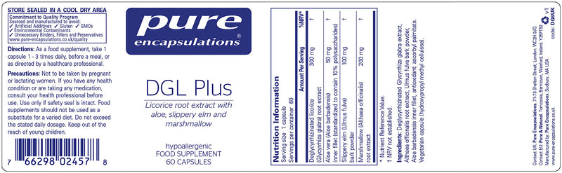 Pure Encapsulations - DGL Plus - Licorice Root Extract with Aloe, Slippery Elm & Marshmallow - 60 Capsules - BeesActive Australia