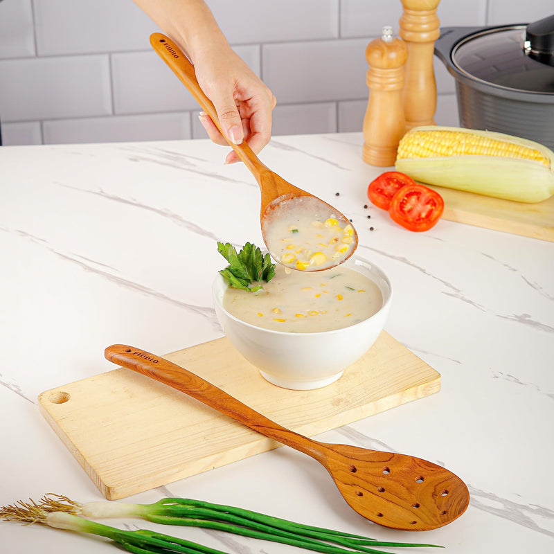 2 Pcs 13.5 Inch Teak Wooden Spoon - Mixing Slooted Spoon Heat Resistant Healthy Cooking Tools Handcrafted by Fiodio Home (Spoon & Round Slotted) Spoon & Round Slotted - BeesActive Australia