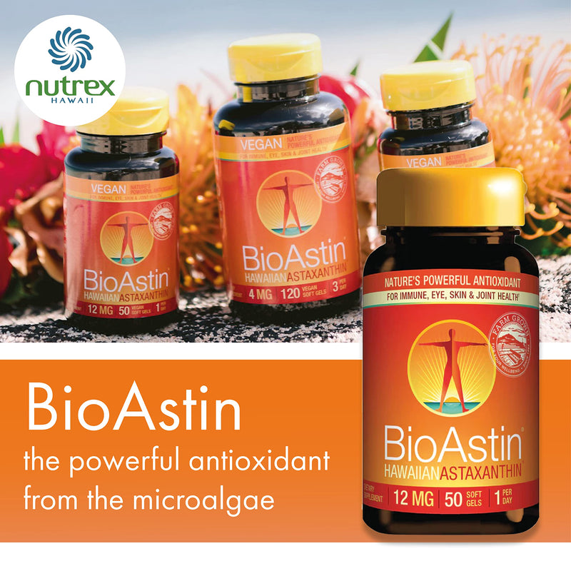 Nutrex Hawaii, BioAstin, Hawaiian Astaxanthin, 12 mg, 2-Day-Depot, 50 Soft Capsules, Lab Tested, Vitamin E, Gluten Free, Soy Free, Non-GMO - BeesActive Australia