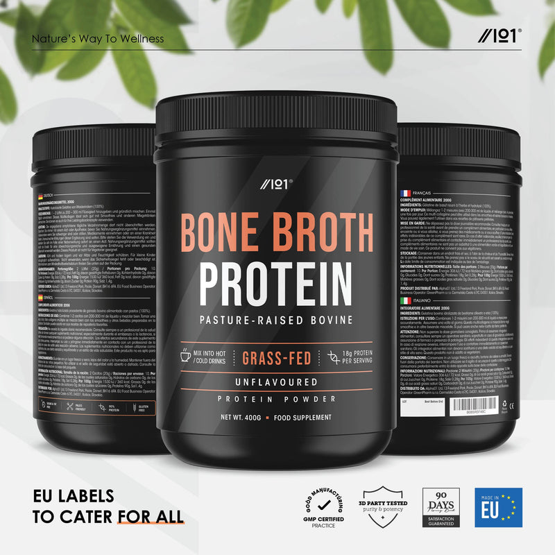 Bone Broth Beef Protein Powder - 400g - Unflavoured - 100% Grass-Fed & Pasture Raised Beef - Paleo & Keto Friendly. Halal, Kosher 400 g (Pack of 1) - BeesActive Australia