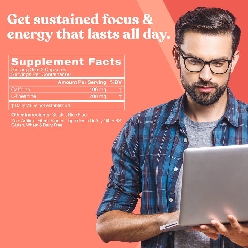 Elite Caffeine with L-Theanine – Jitter-Free Focused Energy Pills – Natural Nootropic Stack for Smart Cognitive Performance – 120 Soft Capsules - BeesActive Australia