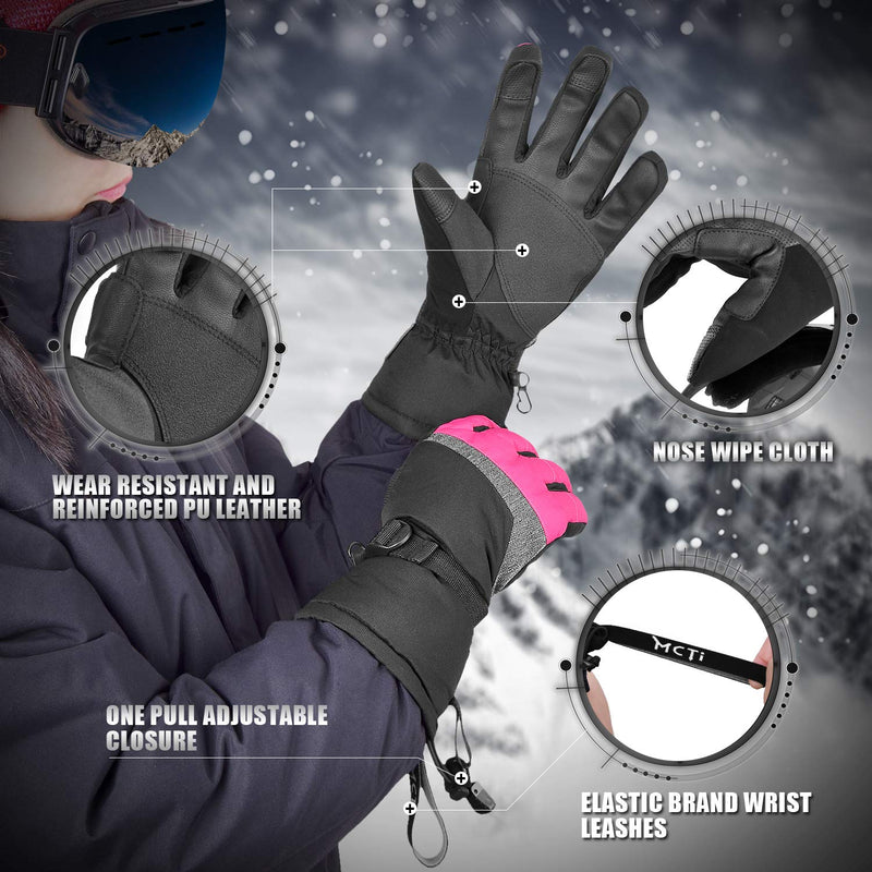 MCTi Ski Gloves,Winter Waterproof Snowboard Snow 3M Thinsulate Warm Touchscreen Cold Weather Women Gloves Wrist Leashes Rose Red Medium - BeesActive Australia