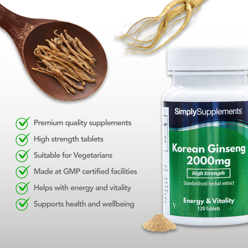 Korean/Panax Ginseng 2000mg | 120 High Strength Ginseng Tablets | Vegan & Vegetarian Friendly | Supplement Supports Cognitive Function While Reducing Tiredness and Fatigue | Manufactured in The UK 120 Count (Pack of 1) - BeesActive Australia
